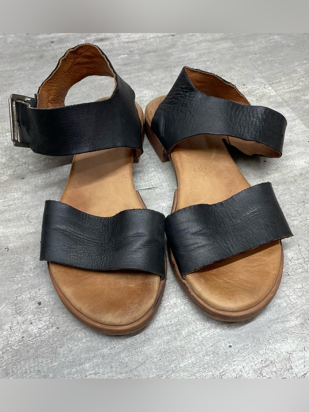 Miz Mooz Black Leather Two-Strap Ankle Sandals